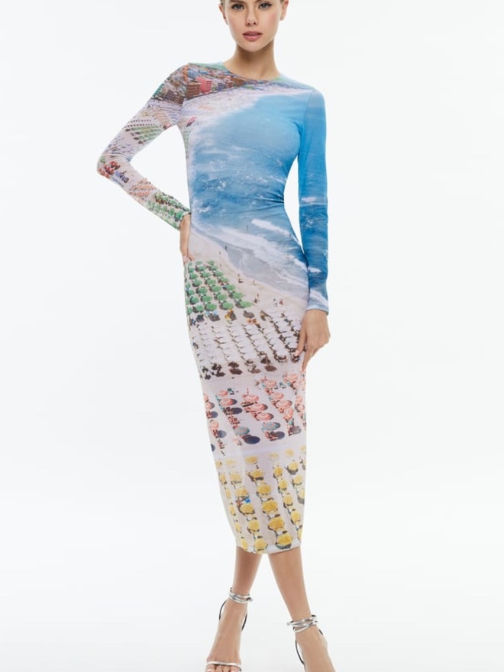Alice + Olivia DELORA Midi Dress Beach Umbrella Ocean Whispering Waves - Size 2